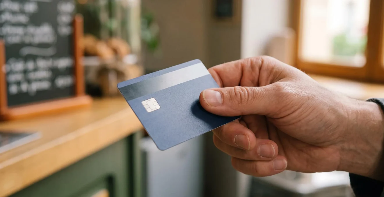 Gros plan d'une carte bancaire à débit immédiat tenue dans une main.